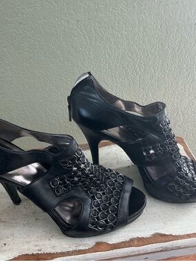 Calvin Klein Black Open-Toe High Heel Sandals with Chain-Link Detail